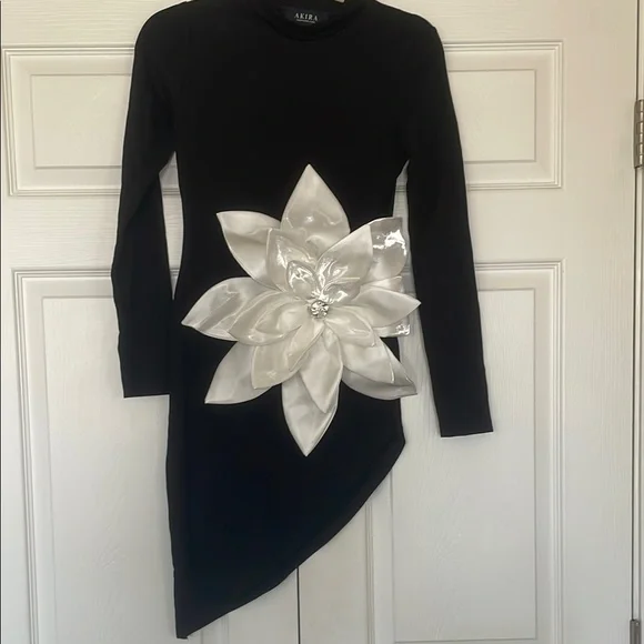 AKIRA Black Dress with White Floral Detail #86 - Picture 7 of 9